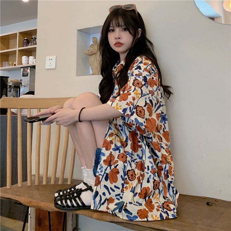 Retro floral shirt women's summer loose design niche chic shirt outer wear student tops versatile ins