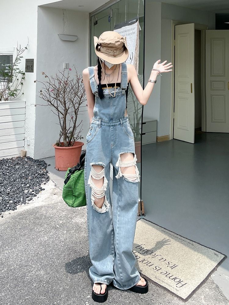 破洞牛仔背帶褲女2022年新款夏季寬鬆顯瘦大碼高腰闊腿拖地褲ins