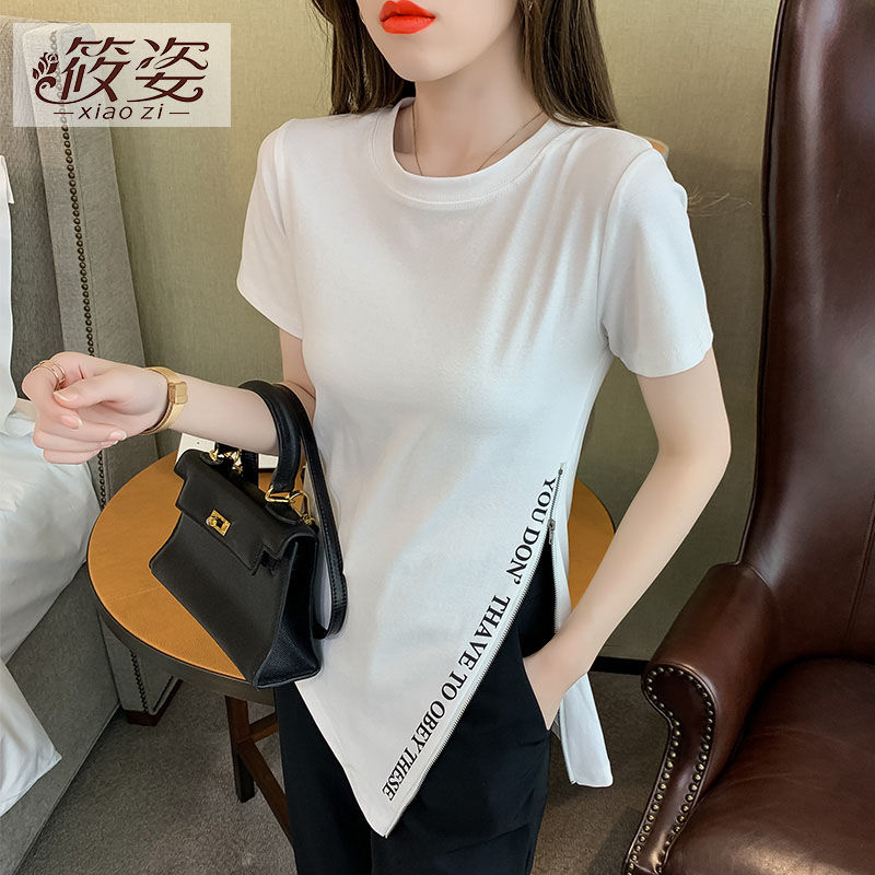 筱姿t恤女夏季2023新款短袖純棉修身顯瘦百搭拉鏈不規則開叉上衣