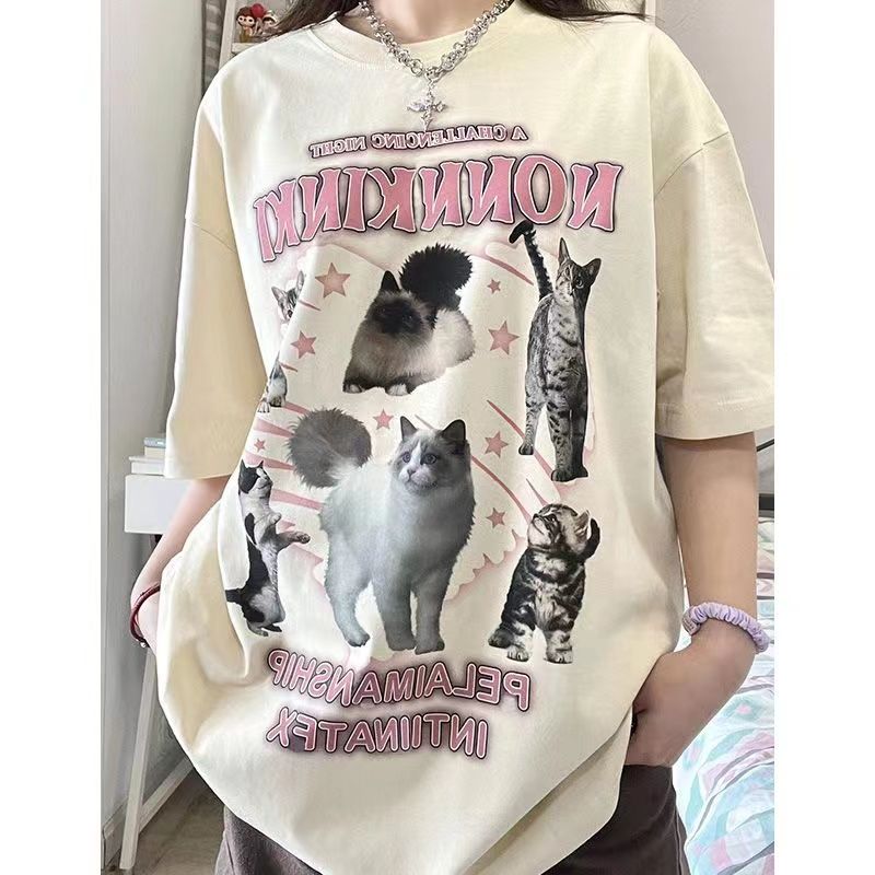 100%純棉杏色字母印花丅恤短袖女寬鬆夏季新款美式高街半袖上衣潮