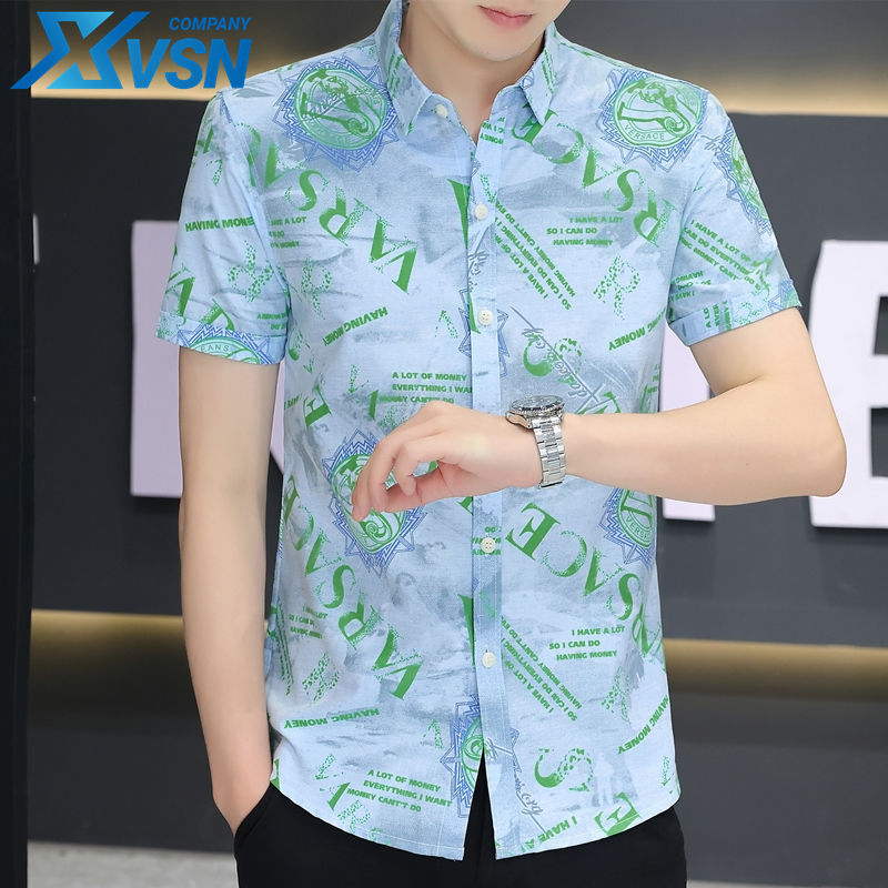 VSN new summer short-sleeved shirt men's handsome shape letter printing shirt tide brand trend ice silk shirt