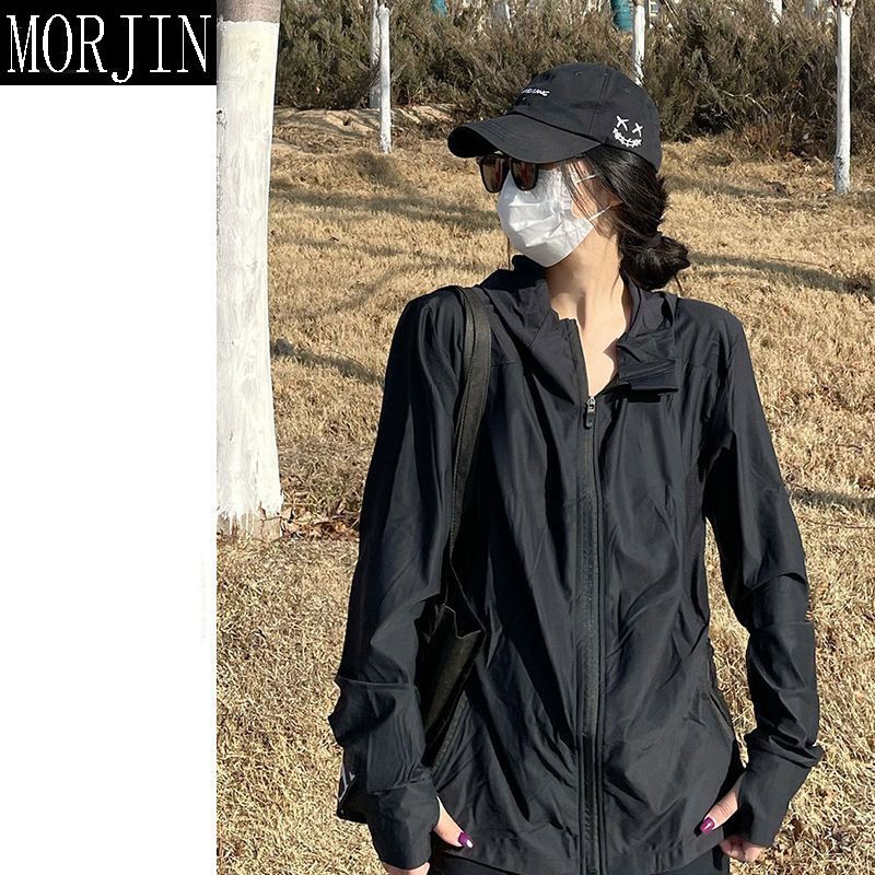MORJIN black hooded sunscreen jacket women's summer thin section breathable loose American casual sports ice silk sunscreen clothing