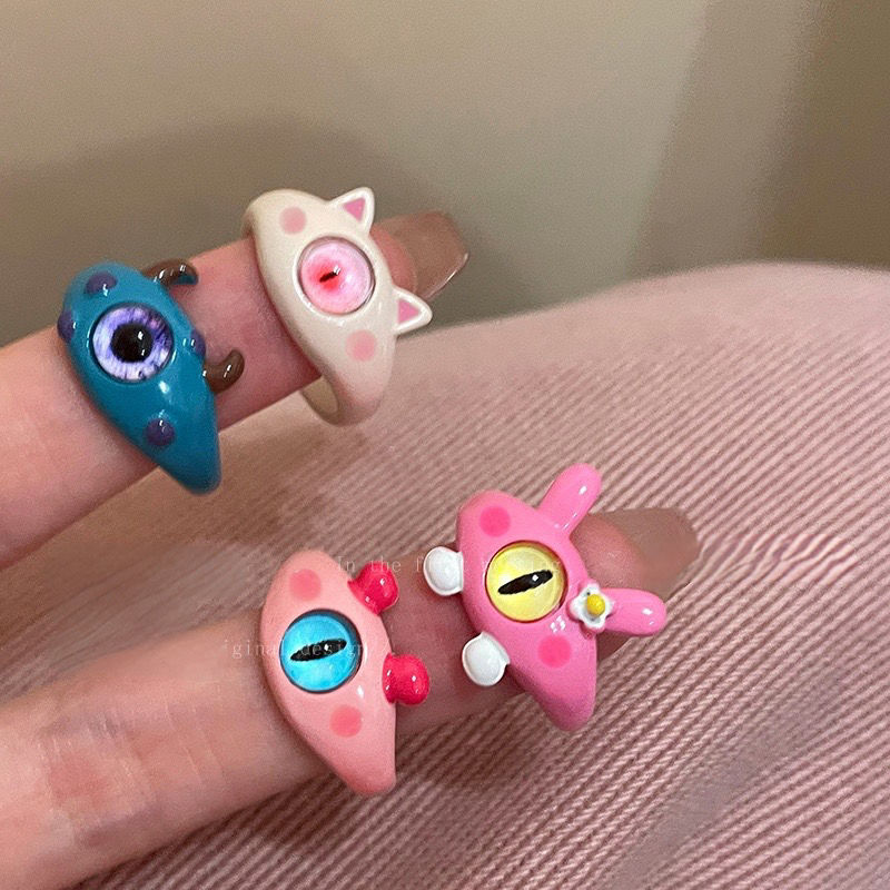 Pink ~ Childlike and cute cat monster ring for women 2023 new trendy index finger ring design niche ring