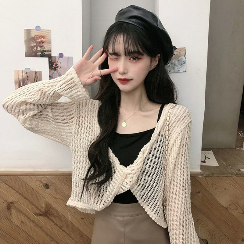 Summer loose pullover sweet wind thin section hollow knit sunscreen shirt women's short section outerwear blouse women's long-sleeved top