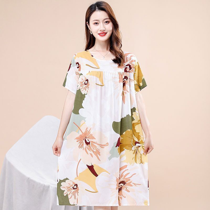 Women's summer new short-sleeved nightdress middle-aged mother's large size thin section pajamas dress cotton silk home service outerwear skirt