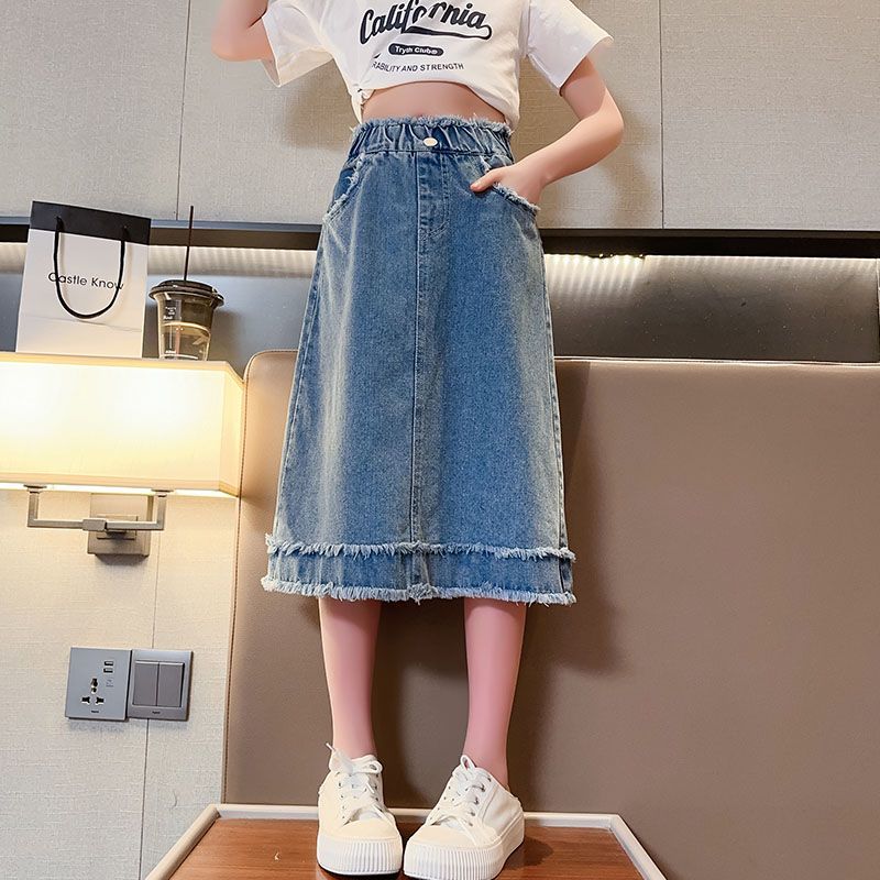 Girls' denim skirt summer  new children's foreign style skirt middle and big children's all-match raw edge over-the-knee skirt