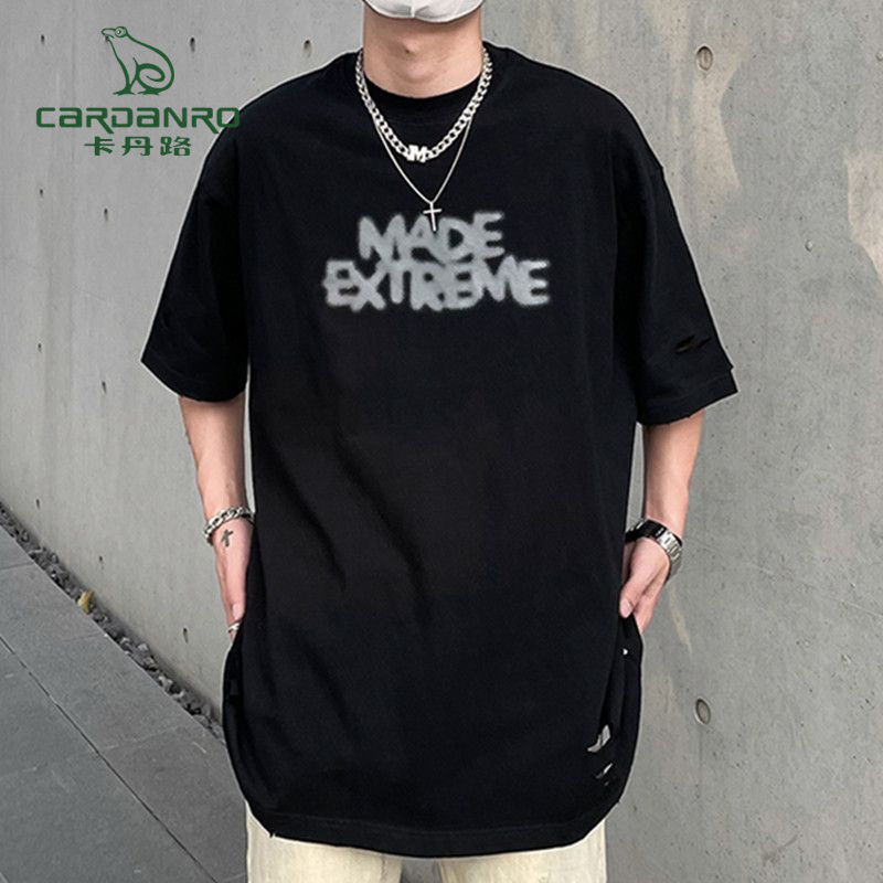 Cardan Road hole short-sleeved men's niche design summer trendy brand short T-shirt oversize cotton loose top
