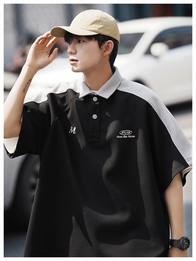 Hong Kong style Japanese style waffle Polo shirt men's summer American retro short-sleeved t-shirt hit color tide brand casual five-quarter sleeves