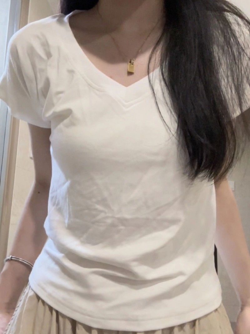 [Front shoulder V-neck pure cotton] pure desire style all-match white short-sleeved t-shirt women's bottoming shirt top with nis tide summer