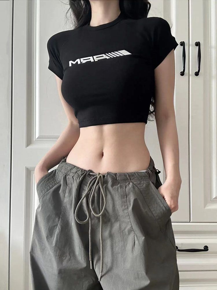 American short-sleeved front-shoulder t-shirt women's summer design sense niche tight-fitting thin bottoming short section navel hot girl top
