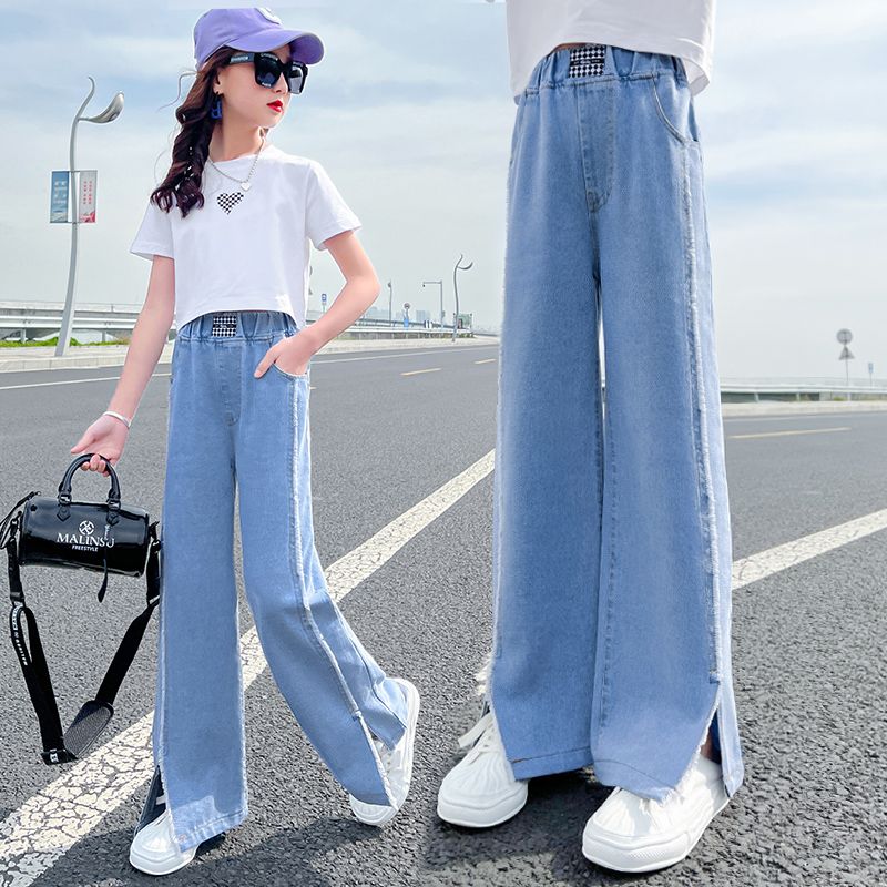 女童褲子春秋新款2023新款中大童洋氣寬鬆兒童學生牛仔褲闊腿長褲