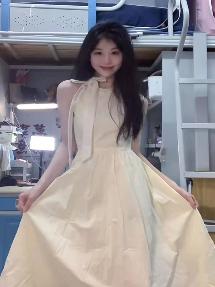 日系甜妹蝴蝶結蕾絲花邊掛脖無袖連衣裙女學生夏季遮肉收腰中長裙