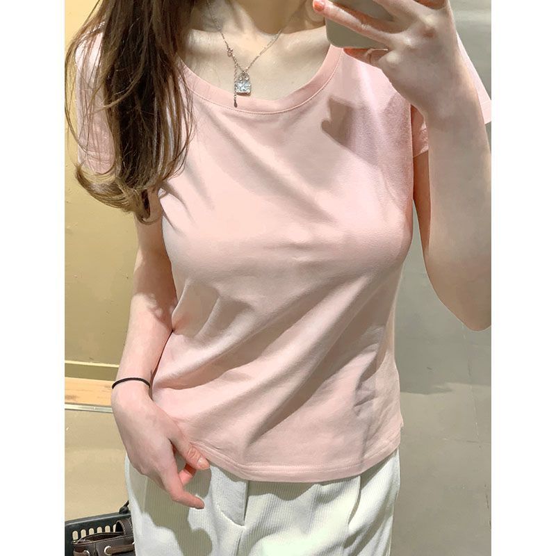 [Positive Shoulder Cotton] U-neck collarbone beautiful top T-shirt women's pink top basic short-sleeved bottoming shirt summer