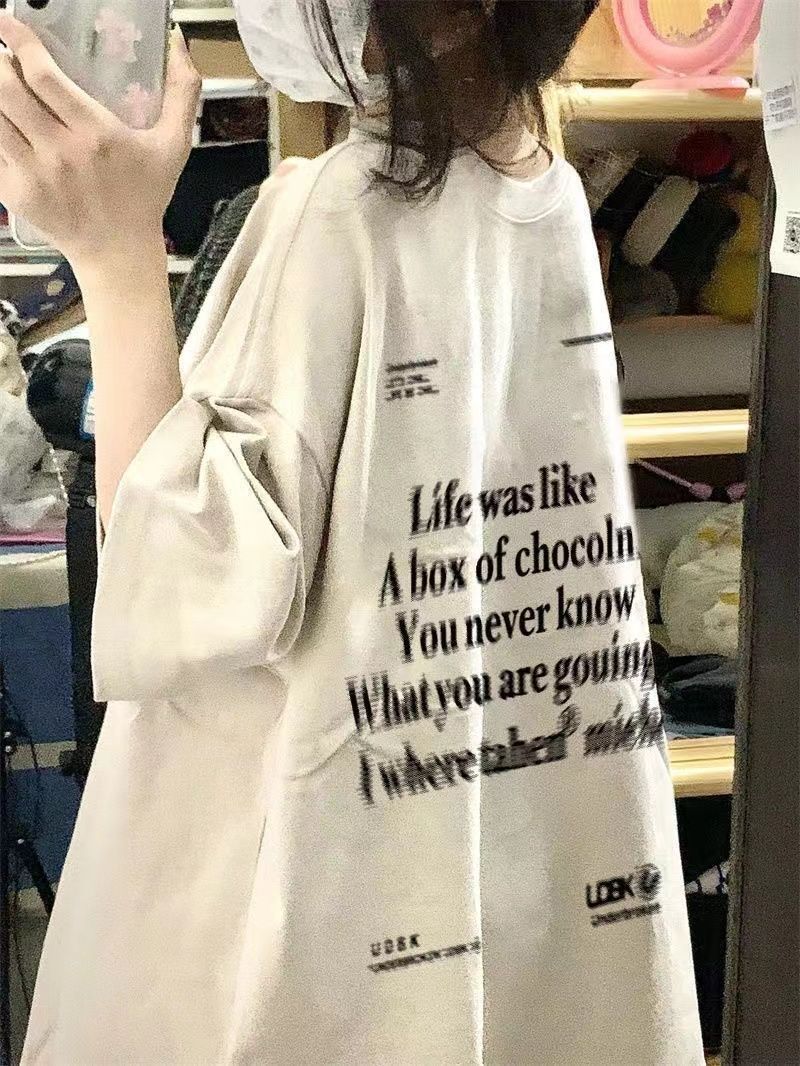 100%純棉夏季新款美式復古潮牌字母印花丅恤短袖女寬鬆t恤上衣潮