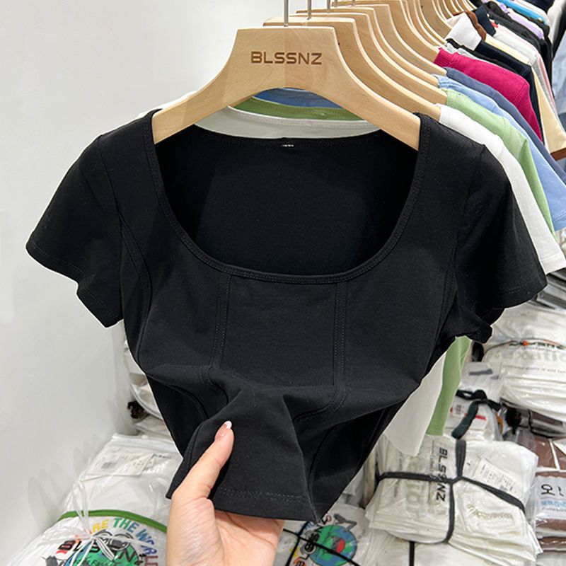 American retro anti-line square collar fishbone short-sleeved t-shirt women's high waist slimming thin short section pure desire chic top tide i