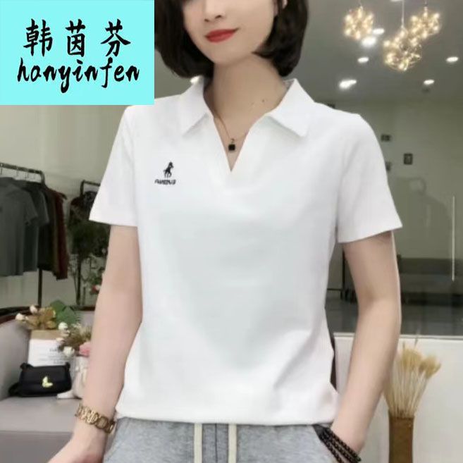 POLO衫短袖t恤女夏季新款休閒純色休閒洋氣套頭氣質印花百搭上衣