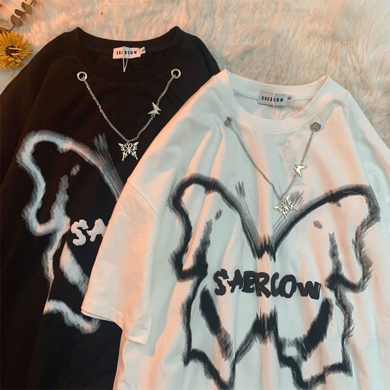 Harajuku retro butterfly print loose short-sleeved T-shirt over there niche design necklace couple tops ins trendy brand