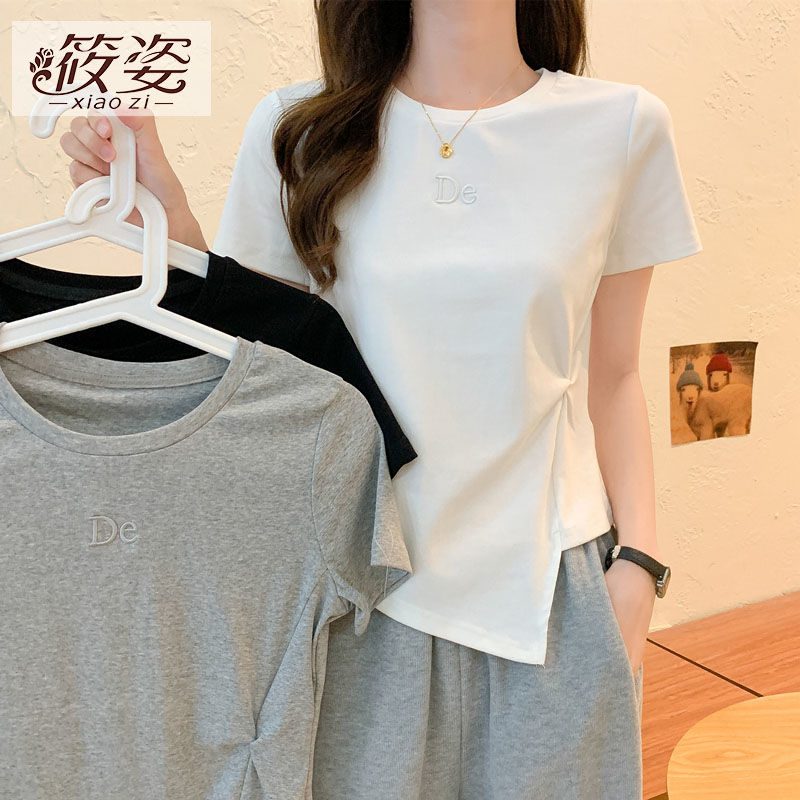 筱姿夏季2023年新款百搭修身圓領t恤女短袖設計感小眾不規則上衣