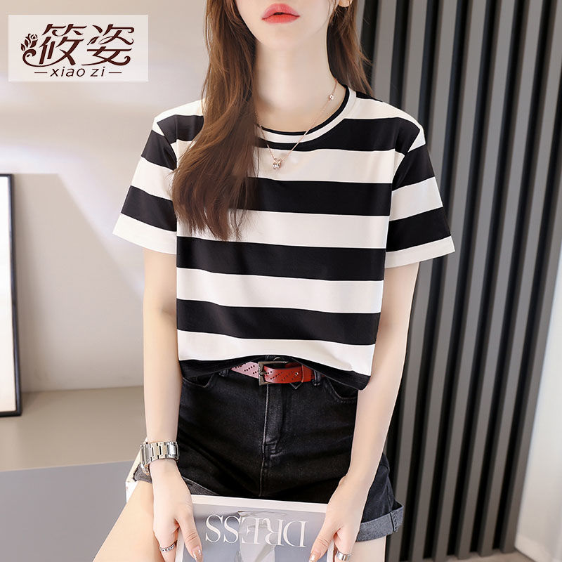 筱姿韓版寬鬆百搭條紋短袖T恤女2023年新款小個子純棉短款上衣ins