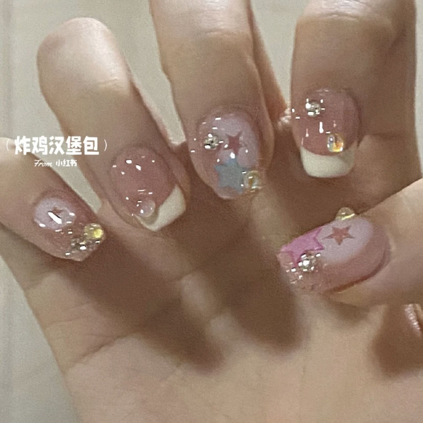 純手工穿戴甲小紅書同款春夏玩趣塗鴉星星可愛法式甜心美甲光療甲