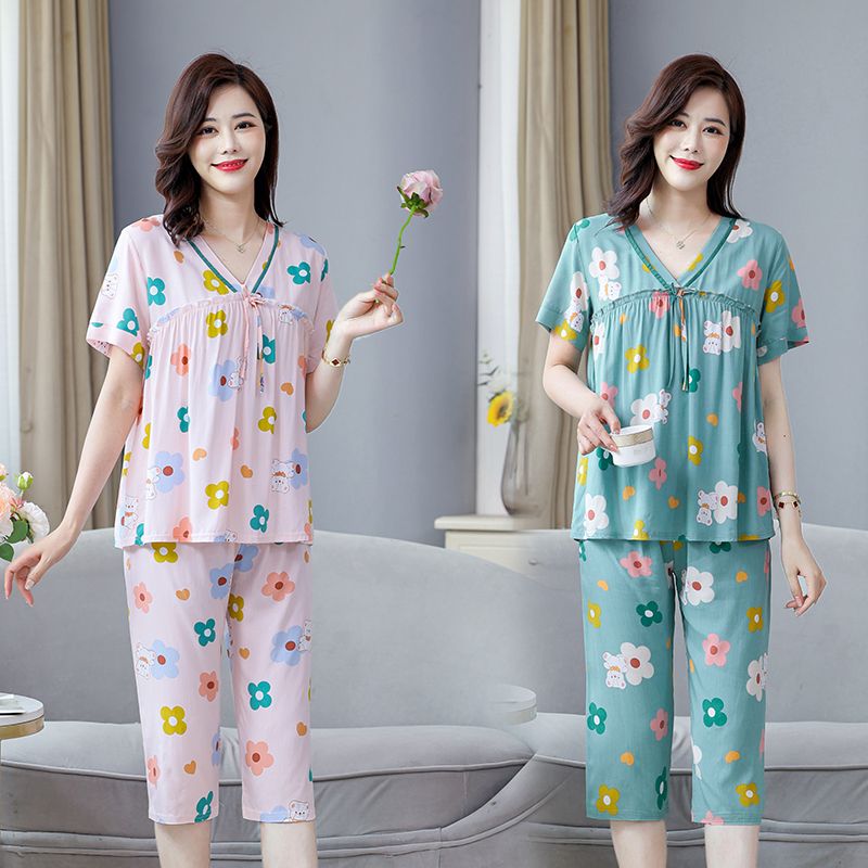 Cotton silk pajamas women's summer V-neck tie large size short-sleeved suit artificial cotton home service two-piece outerwear pajamas