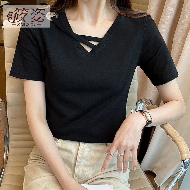 筱姿夏季純棉短袖t恤女裝正肩超火設計感小眾v領上衣港味白色體恤