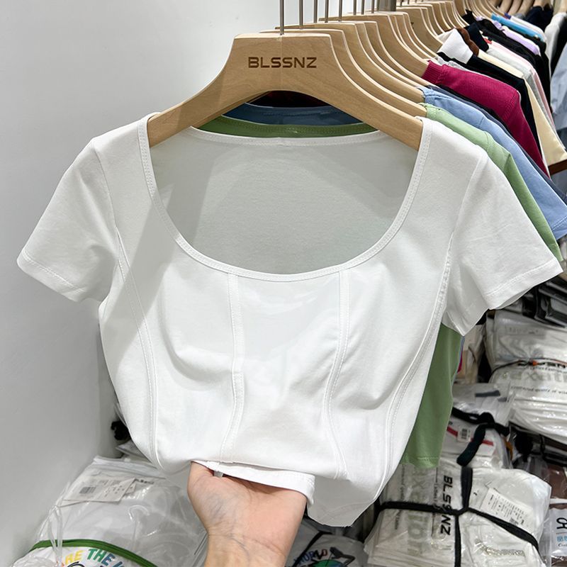 Summer 2023 new hot girl slim slim fish bone high waist navel U-neck t-shirt women's short front shoulder square collar top