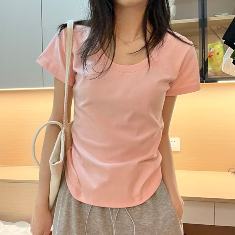 [Positive Shoulder Pure Cotton] U-neck T-shirt with exposed clavicle