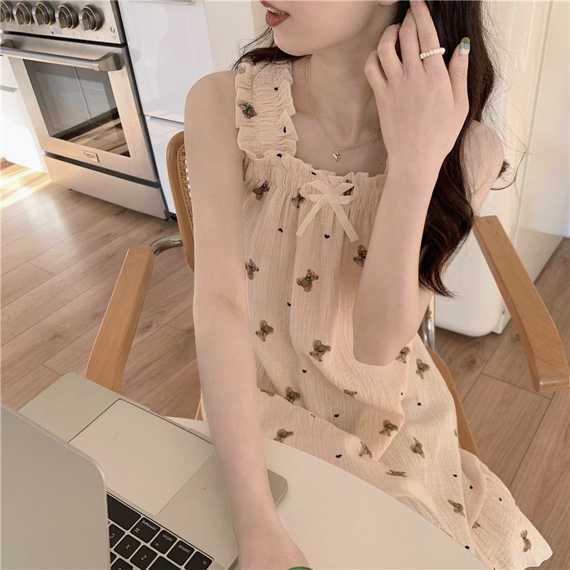 Ins style sling nightdress baby cotton sense summer pajamas female summer over the knee plus size loose home clothes pregnant women
