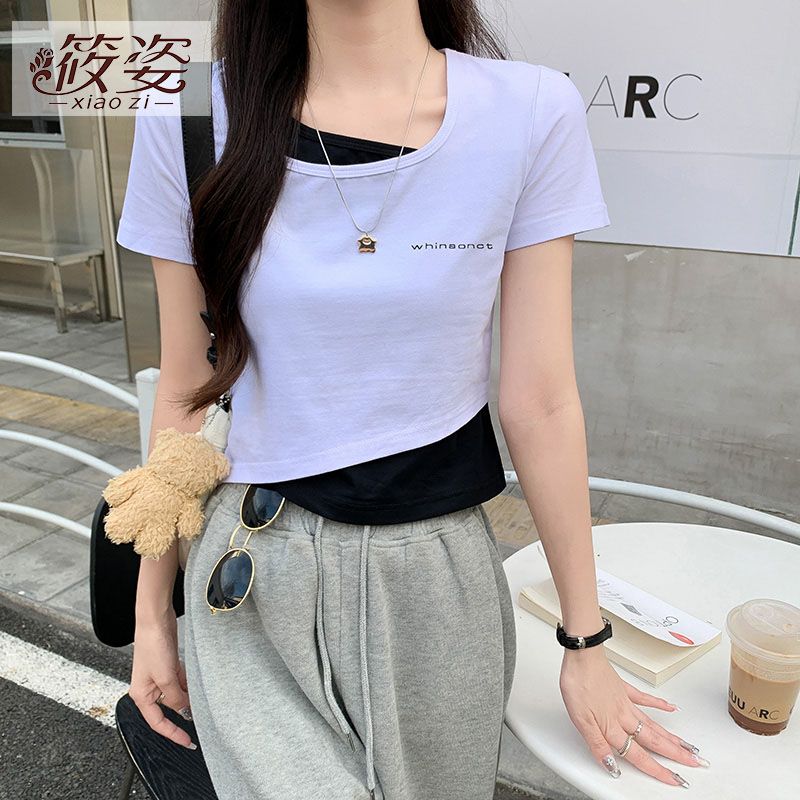 筱姿方領短袖t恤女洋氣百搭顯瘦設計感小眾短款半袖假兩件上衣夏