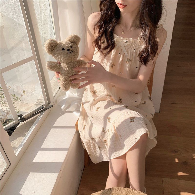 Ins style sling nightdress baby cotton sense summer pajamas female summer over the knee plus size loose home clothes pregnant women