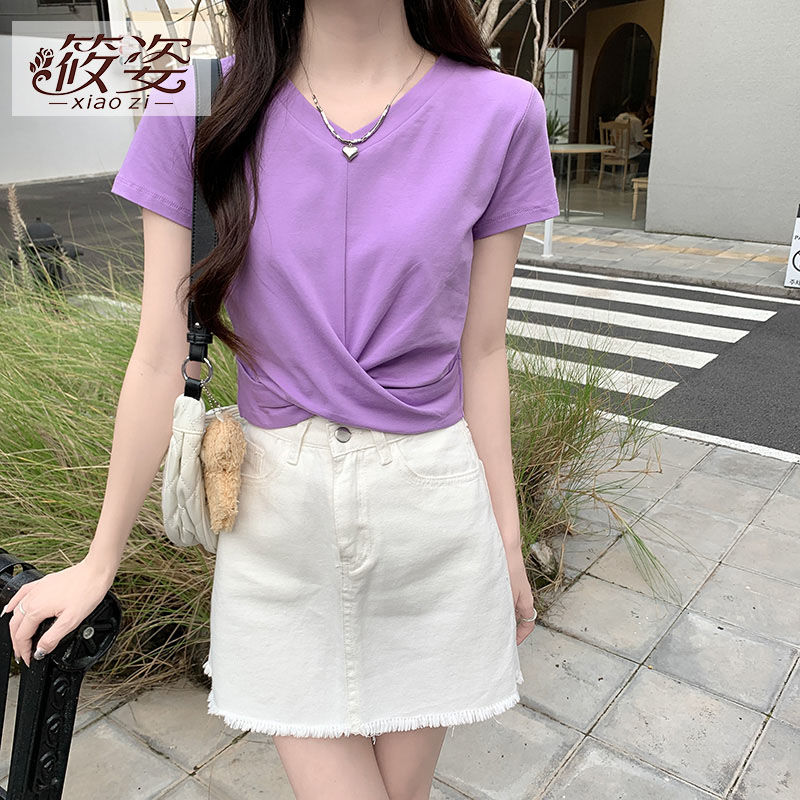 筱姿純棉T恤女2023年新款夏半袖設計感小眾短款露臍上衣V領正肩