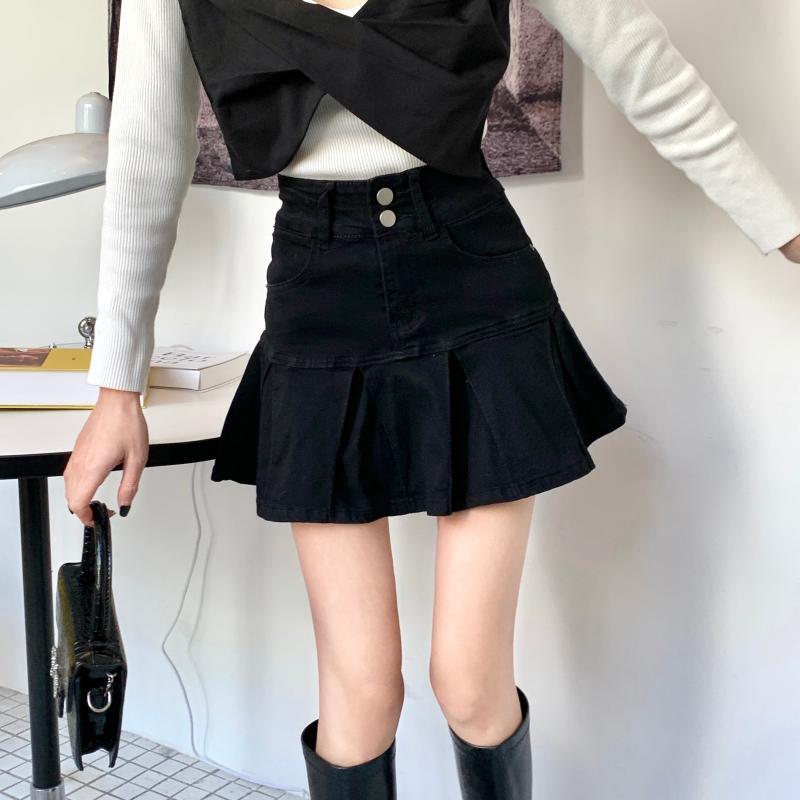 Double-button high-waist design elastic pleated denim skirt women's 2023 summer new loose and thin short skirt trend