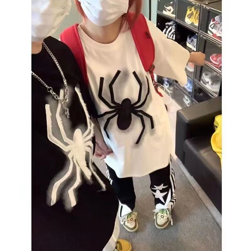 100%純棉美式復古t恤潮牌蜘蛛短袖T恤女寬鬆韓版學生上衣百搭半袖