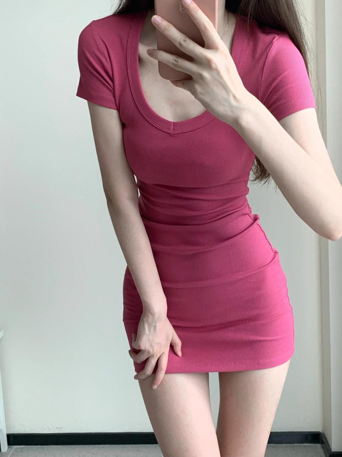Pure desire style hot girl short-sleeved  dress women's summer high waist self-cultivation was thin and small short skirt with hips