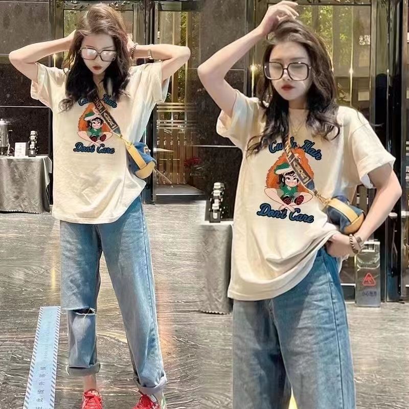100%純棉夏季新款美式復古oversize印花女士t恤短袖學生寬鬆上衣