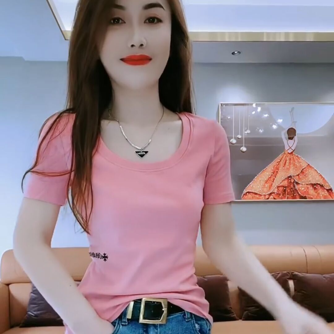 精梳棉短袖t恤女夏季新款修身顯瘦刺繡設計感小眾U領打底衫上衣女