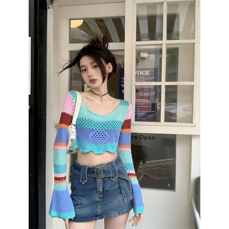 Design sense color contrast hollow short section navel knitwear summer fashion hot girl slim slim sunscreen tops women's fashion