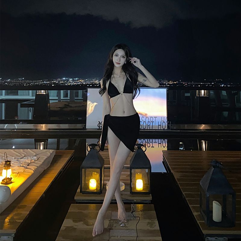 Pure desire wind chain swimsuit female super fairy split small chest gathered bikini three-piece hot spring seaside vacation ins