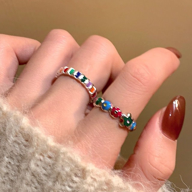 Niche personality design ins simple dripping oil metal retro flower colorful versatile temperament women's ring open ring