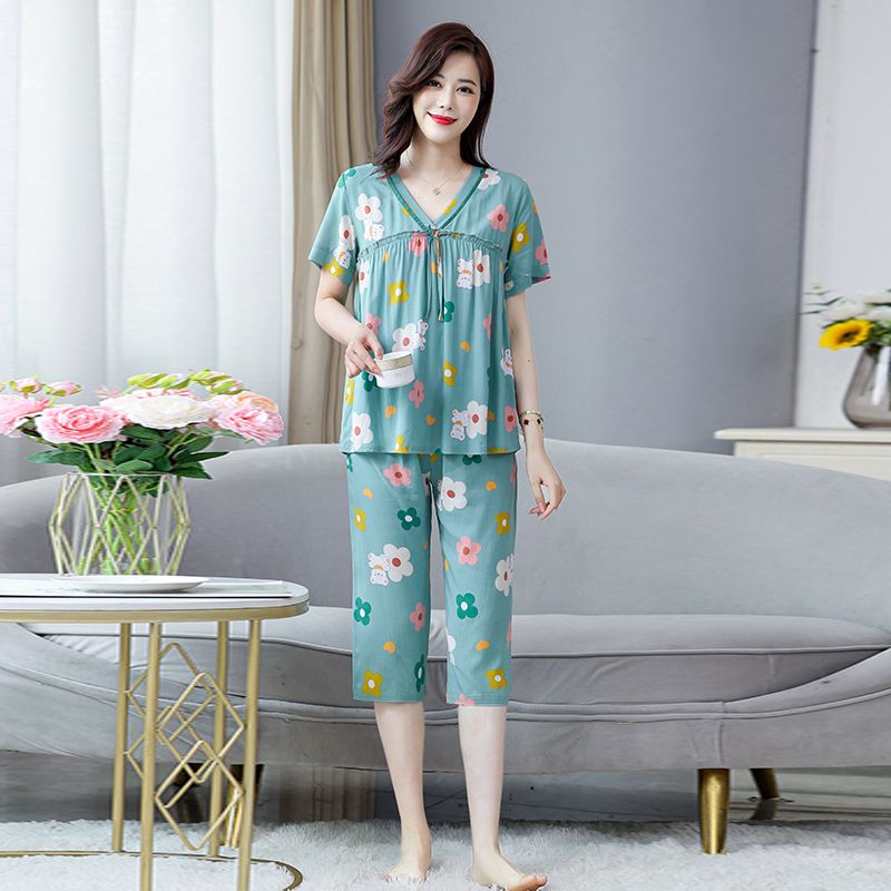 Cotton silk pajamas women's summer V-neck tie large size short-sleeved suit artificial cotton home service two-piece outerwear pajamas