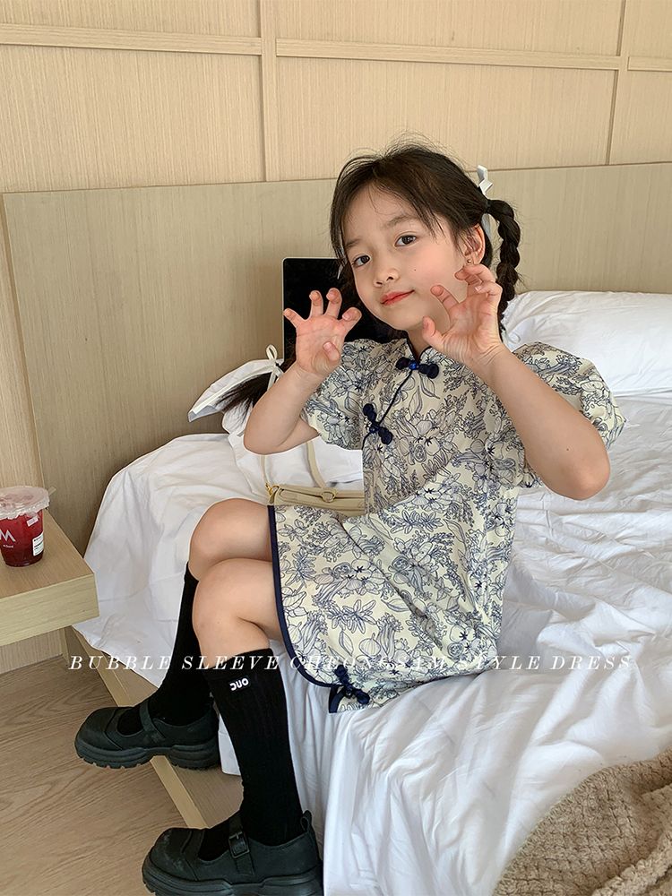 女童水墨畫旗袍裙2023夏季新款改良中國風連衣裙中大童復古裙子