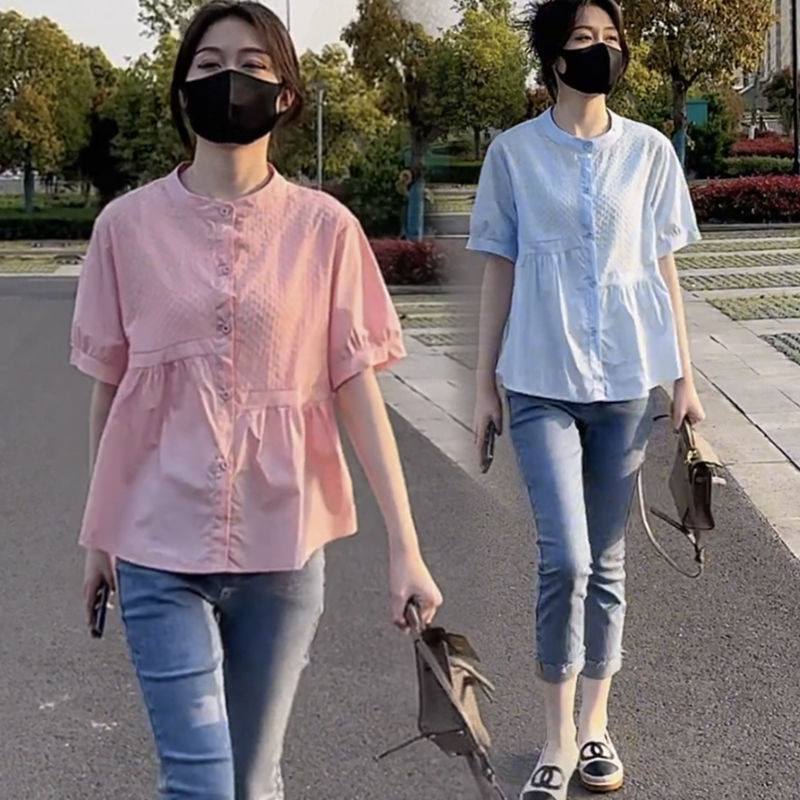 藍海奕諾設計感圓領短袖襯衫女2023夏季新款寬鬆顯瘦拼接小眾上衣