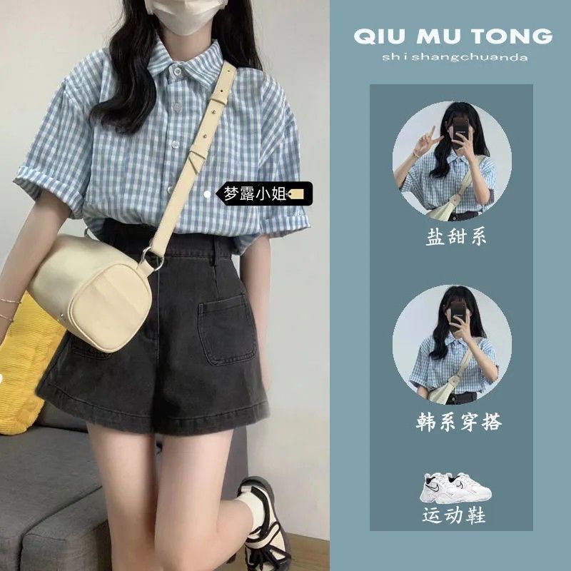 兩件套裝/單件鹽甜小個子格子襯衫休閒港風POLO領襯衣+牛仔短褲潮