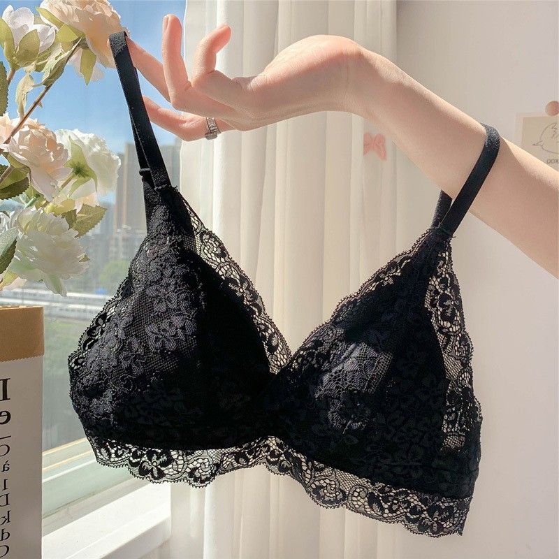 French summer ultra-thin big chest showing small bra underwear women's small chest gathered without steel ring triangle cup bra set