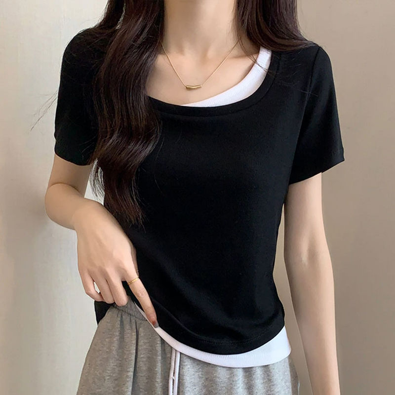 音卓假兩件設計感短袖T恤女2023夏季新款遮肉顯瘦純欲風內搭上衣