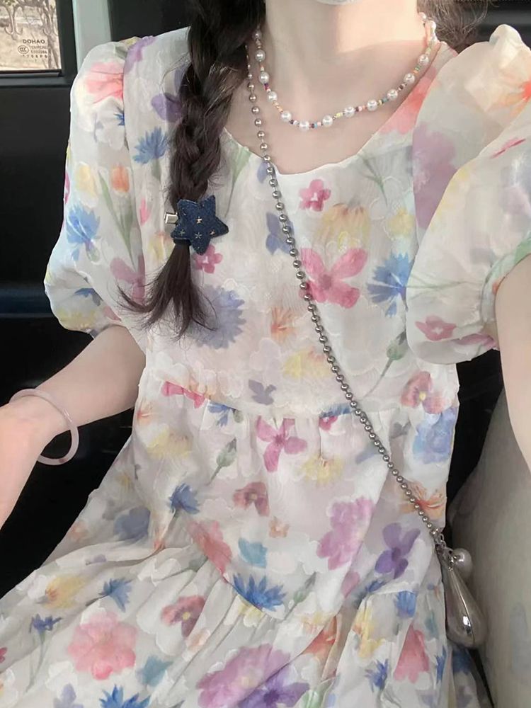 溫柔風甜美超仙氣質泡泡袖碎花連衣裙女學生夏季遮肉顯瘦中長裙子