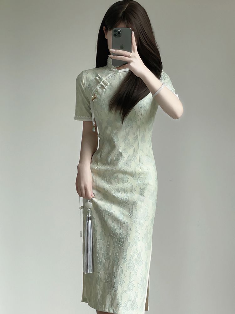 小清新旗袍小個子顯高日常改良2023夏季年輕少女綠色修身氣質高端
