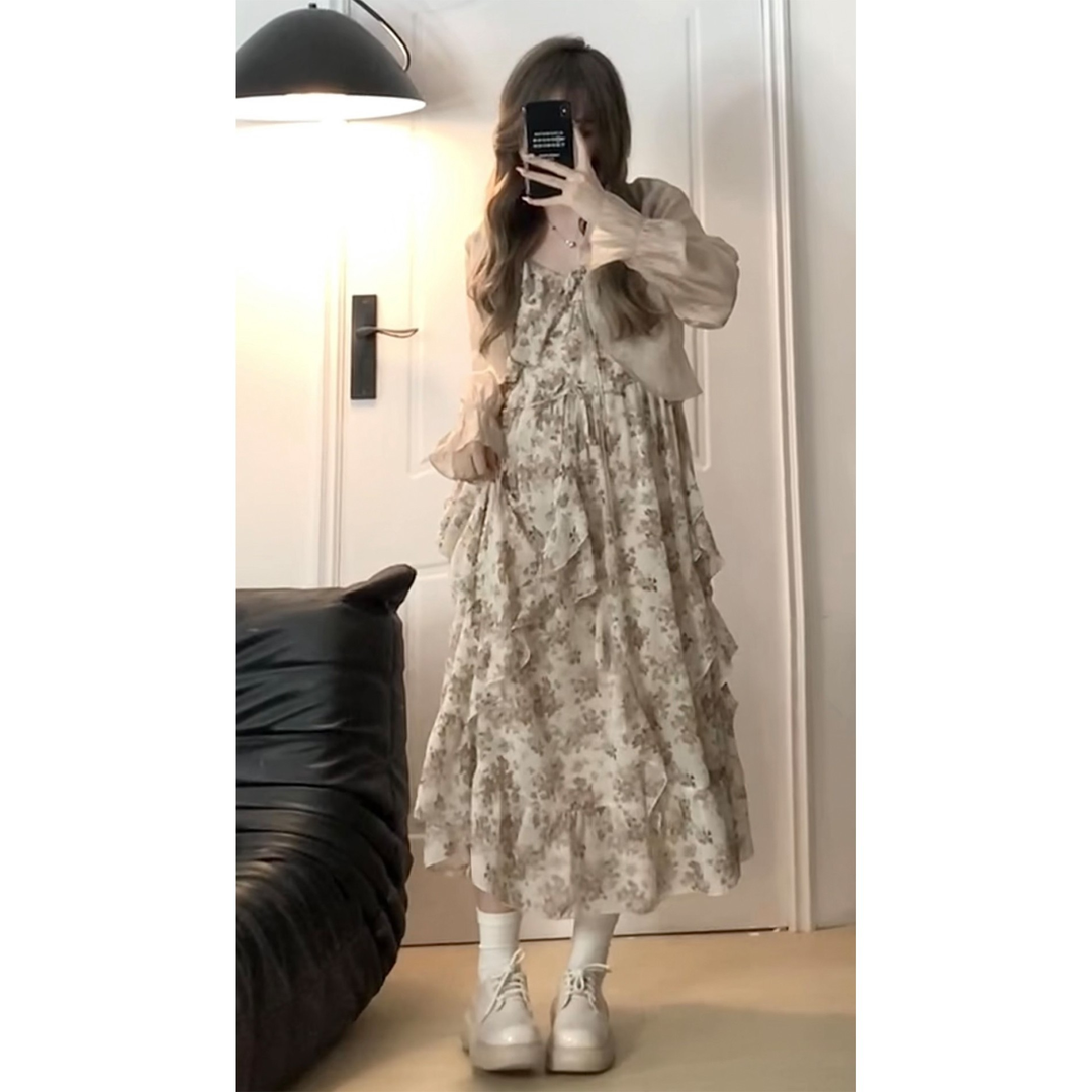 大碼胖mm法式荷葉邊拼紗設計感連衣裙女春夏碎花吊帶裙開衫兩件套