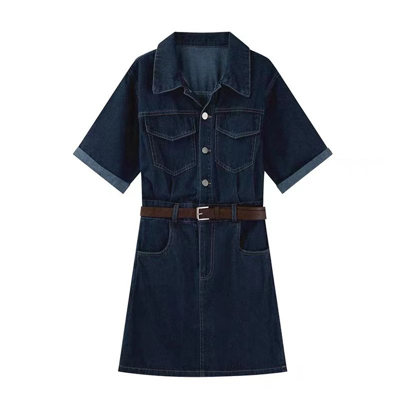 Small POLO collar denim dress women's summer new French retro short-sleeved high waist slim a-line skirt tide